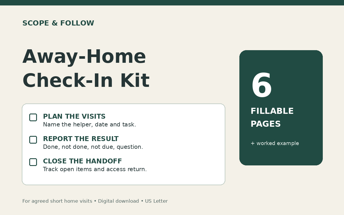 Away-Home Check-In Kit cover showing visit planning, results and return handoff
